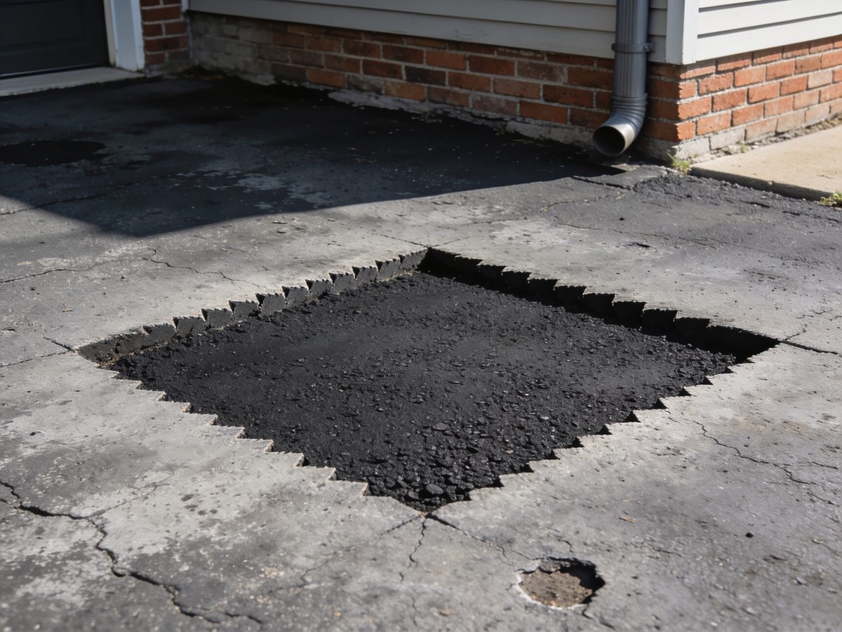 A rebuilt asphalt patch where a pothole was cut out of a driveway