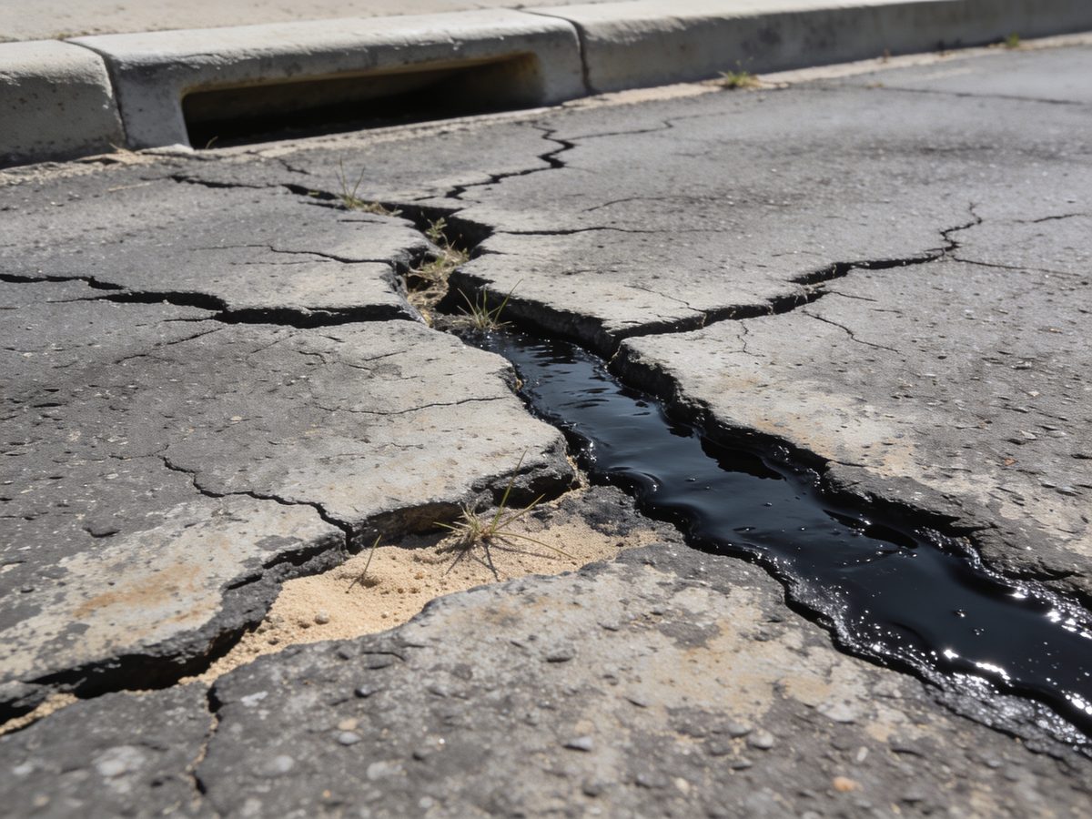 Alligator cracking in old asphalt beside a crack filled with black rubberised sealant