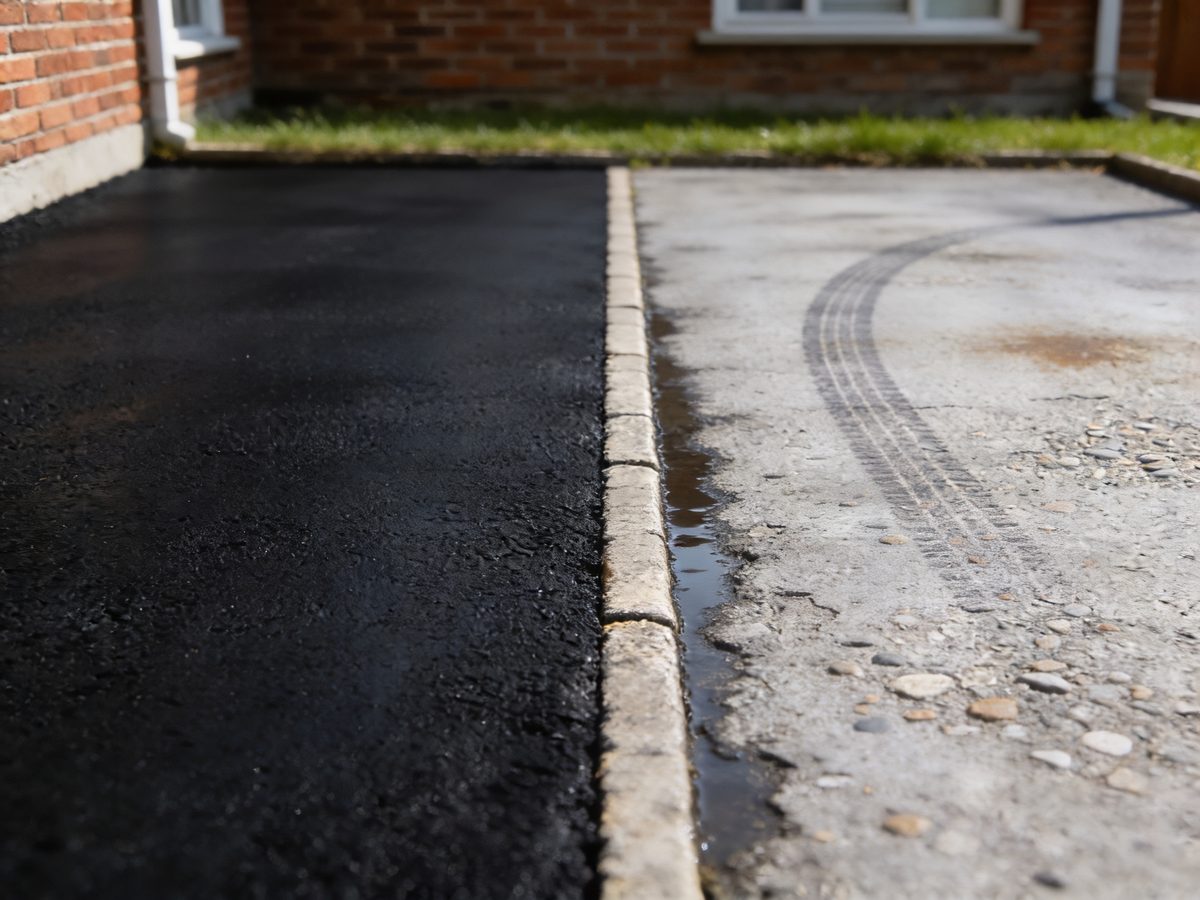 A narrow asphalt driveway with one half freshly sealcoated black and the other still weathered grey