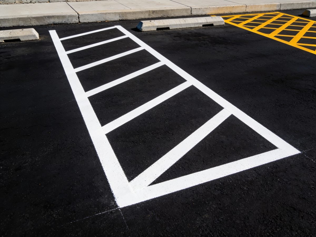 Freshly painted white parking stall lines on newly sealed black asphalt