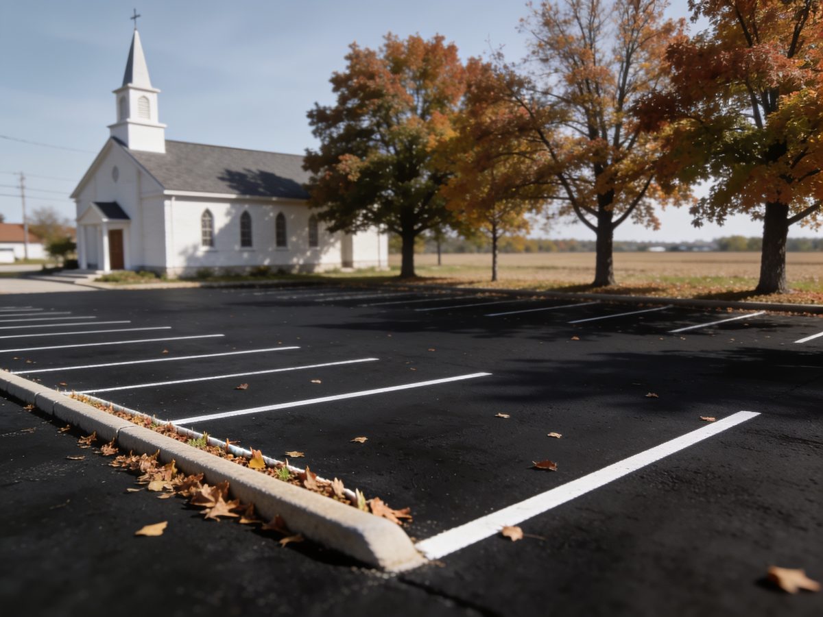 A sealed and striped parking lot with autumn leaves gathered along the kerb