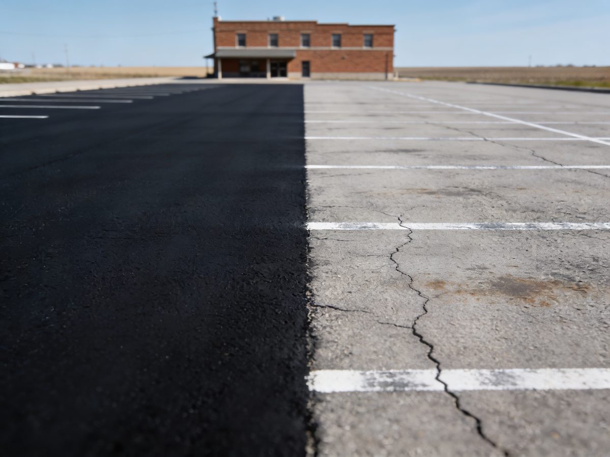 A parking lot with a freshly sealcoated section beside faded grey asphalt